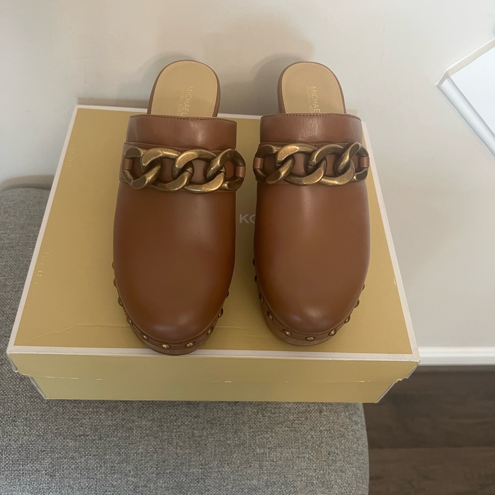 Michael Kors Brown Leather Mules with Gold Chain